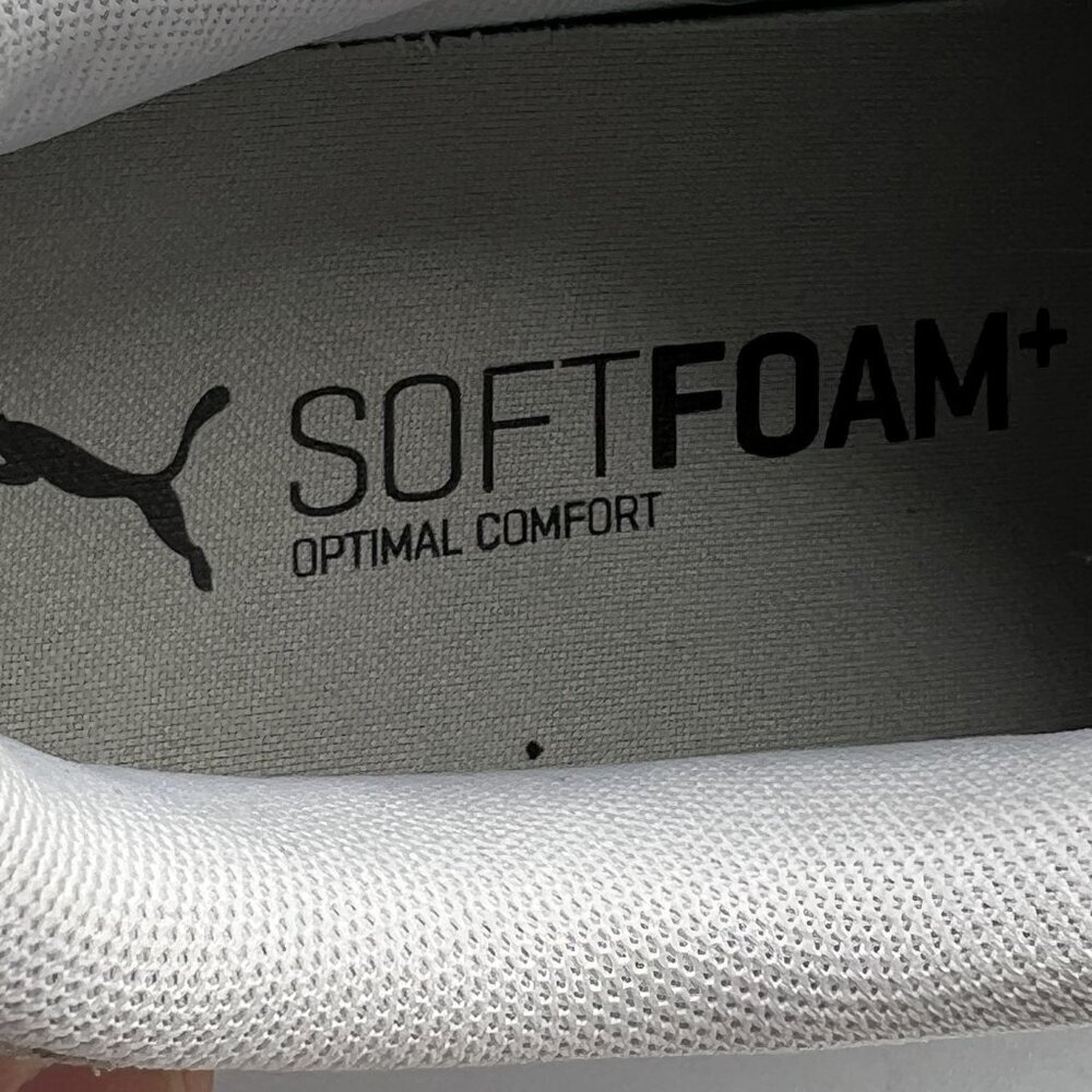 Puma Shuffle Sneaker Mens 9 Women 10.5 White Gold Logo SoftFoam Comfort Athletic - Picture 11 of 14